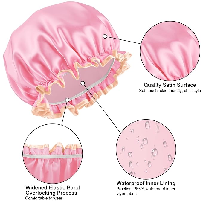 Waterproof Shower Caps for Women, Solid Color Dual-Layer Elastic Band Design - Image 5
