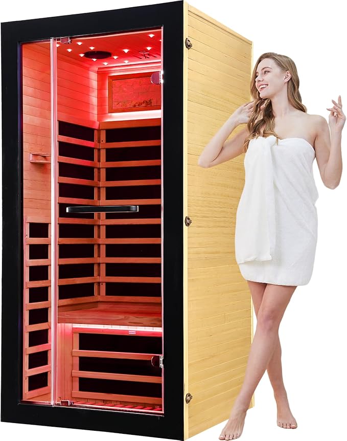OUTEXER One Person Sauna Far Infrared Saunas Room Obeche Wood 1350W Dry Saunas by OUTEXER