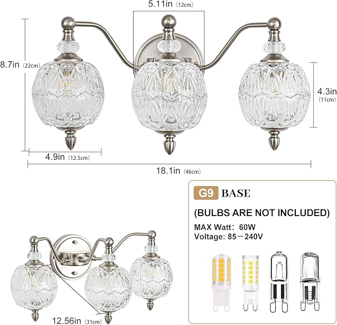 Brushed Nickel Bathroom Vanity Light, 3-Light Mid Century Modern Brushed Nickel - Image 6