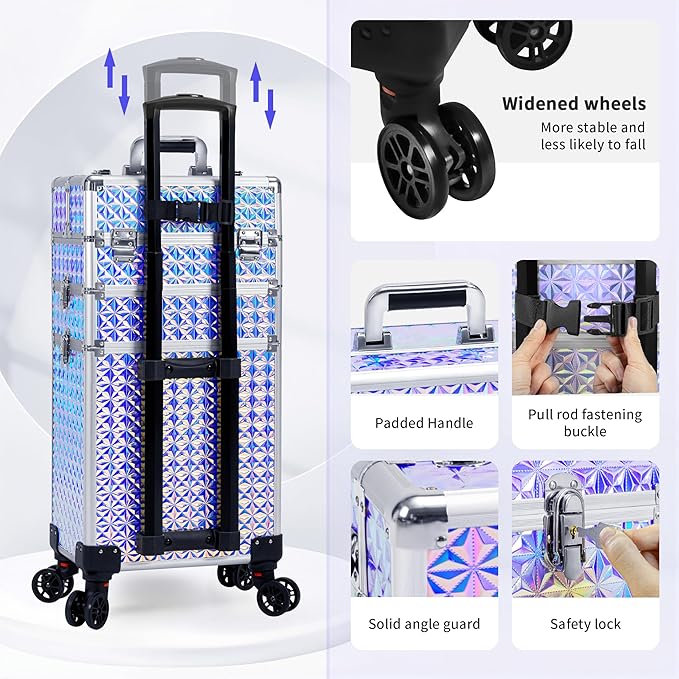 3 in 1 Rolling Makeup Train Case Professional Large Cosmetic Trolley - Image 4