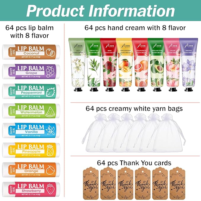 AZEN 64 Sets Bulk Gifts, Hand Cream and Lip Balm Bulk Set - Image 2