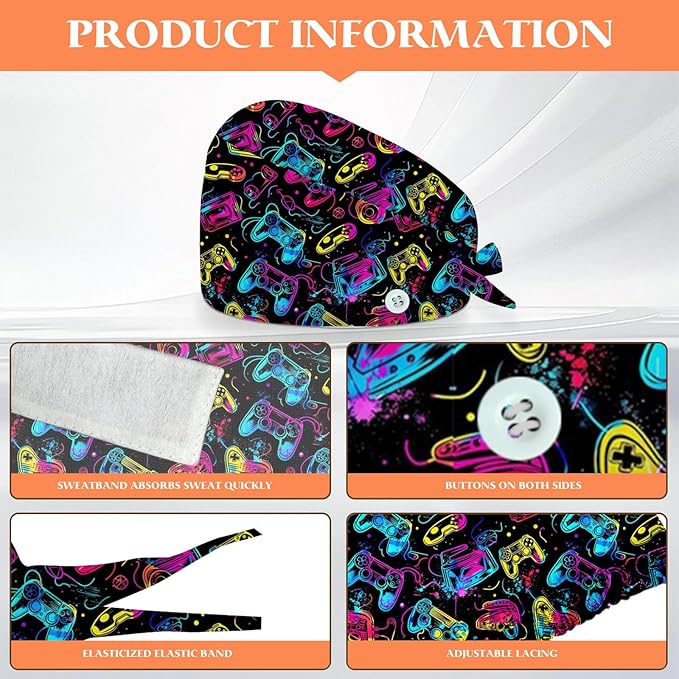 Adjustable Scrub Cap with Buttons & Sweatband, Working Hat with Elastic Tie Back - Image 2