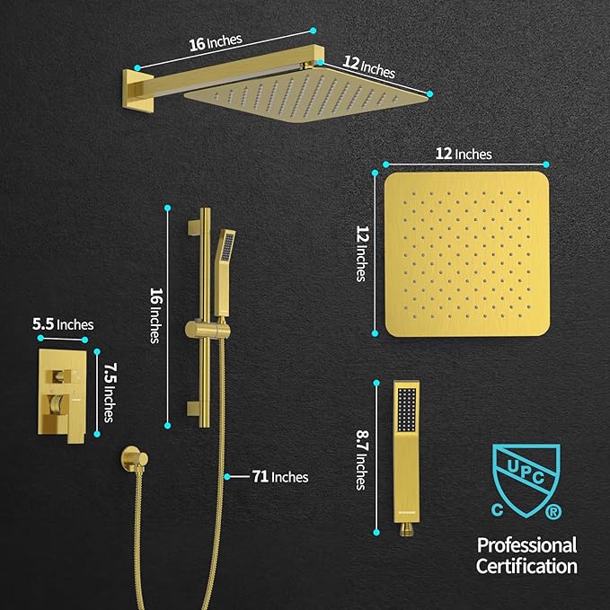 SR SUN RISE 12 Inch Brushed Gold Shower Faucet Set, Wall-Mount Adjustable - Image 5
