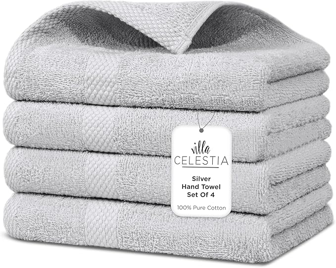 Premium Silver Hand Towels-100% Cotton, Soft & Absorbent, Fast Drying, Elegant by VillaCelestia