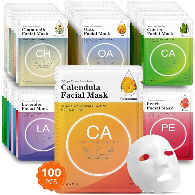 VESPRO 100 Pack Collagen Essence Sheet Facial Masks, Bulk Face Masks Skincare by VESPRO