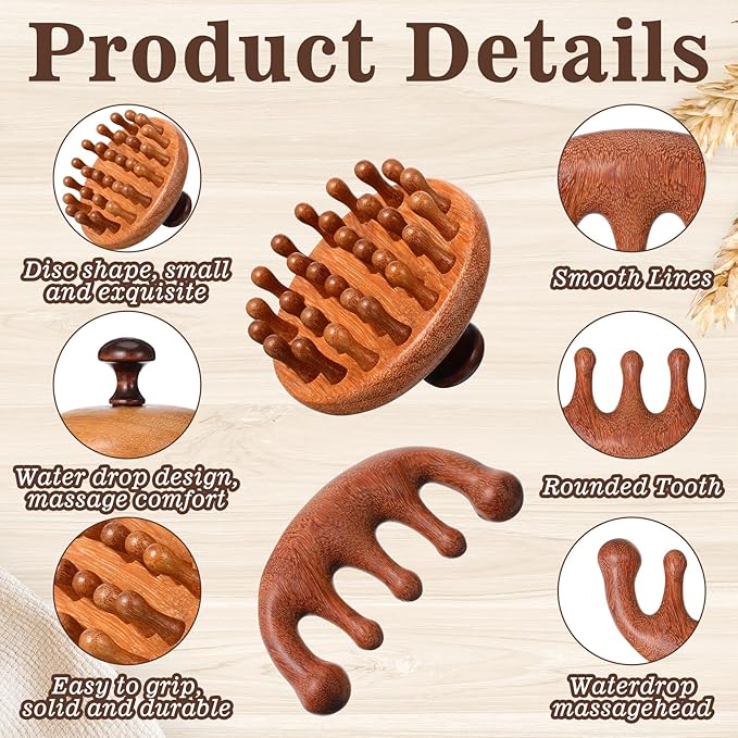 Trinkrittey 2 Pack Wooden Scalp Massager Comb Wooden Hair Brush Head Gua Sha - Image 5