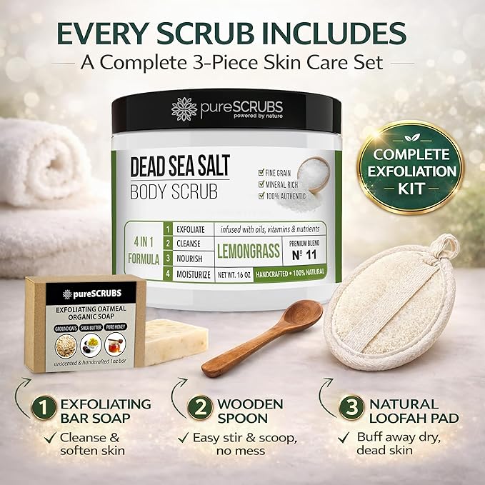 pureSCRUBS Premium Lemongrass Dead Sea Salt Body Exfoliator Scrub, Full - Image 4