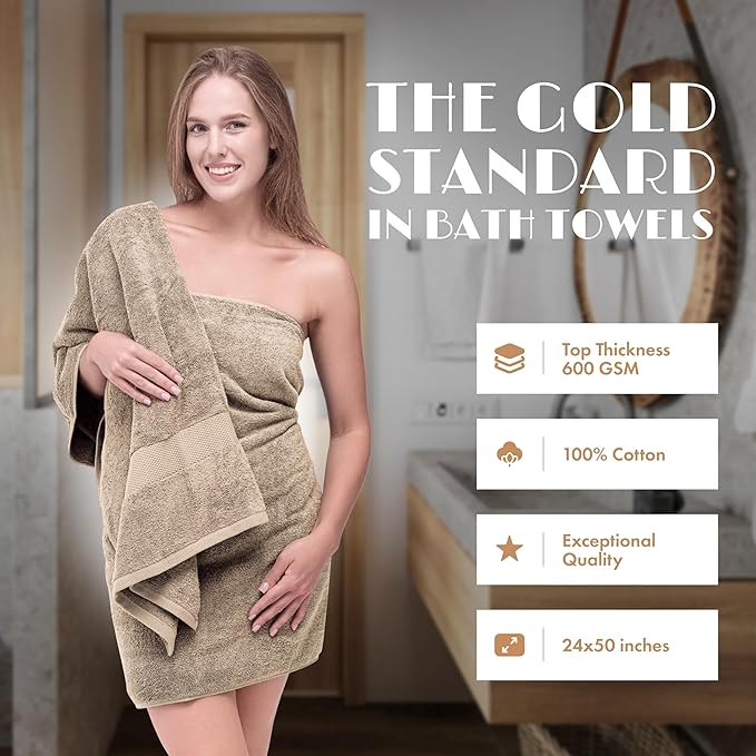 White Classic Wealuxe Taupe Bath Towels 24x50 Inch, Cotton Towel Set - Image 2