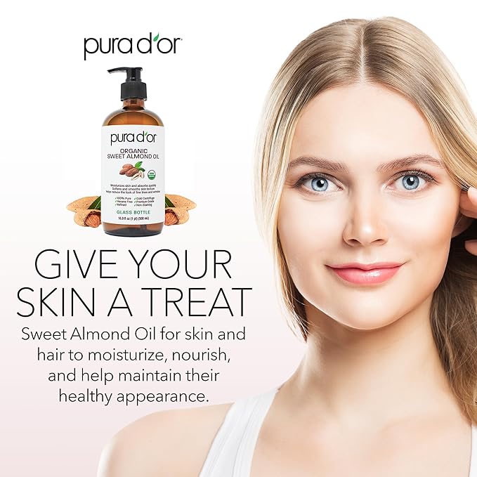 PURA D'OR ORGANIC Sweet Almond Oil 100% Pure & Natural USDA Certified Cold - Image 3