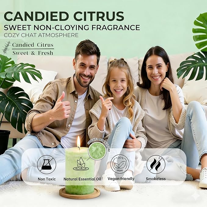 4 Pack Candied Citrus Scented Pillar Candles, Natural Essential Oils, 60H Long - Image 3