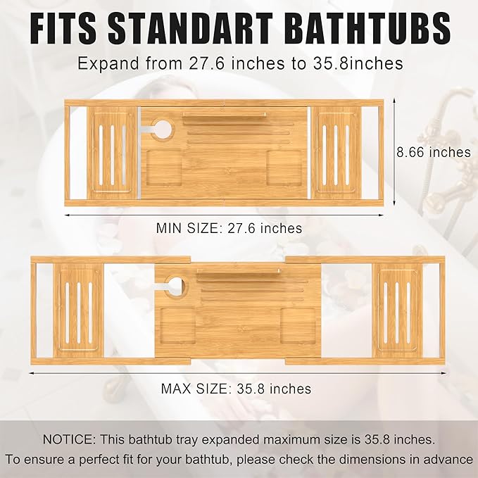 Bathtub Tray Caddy, Premium Bamboo Expandable Bath Tub Trays Table, Foldable - Image 3