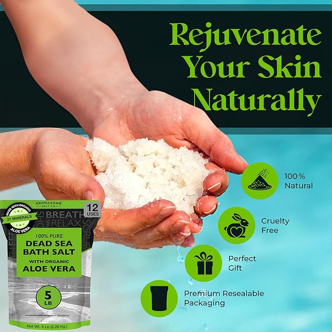 Aromasong Dead Sea Salt with Organic Aloe Vera, Spa Bath Salts, 5 Lbs Fine Bulk - Image 5