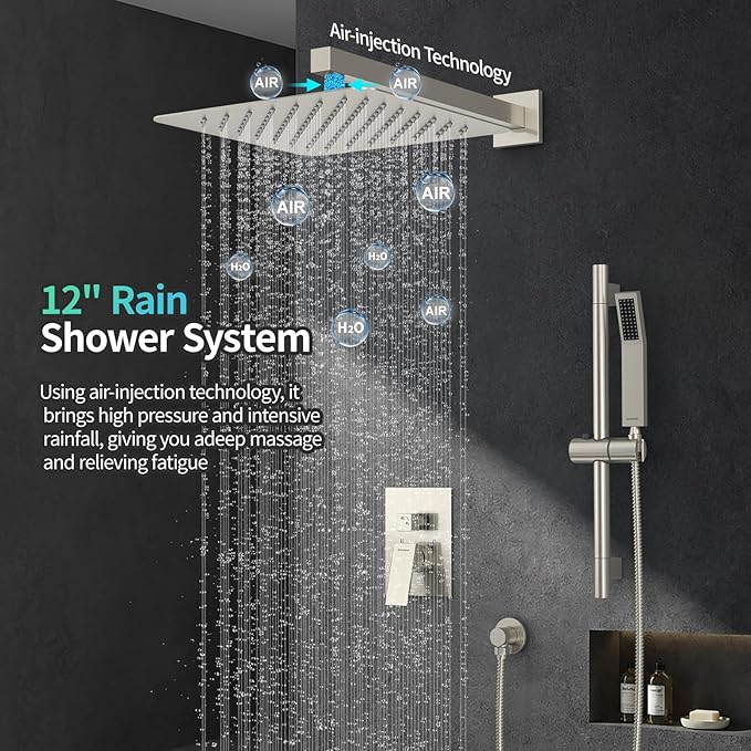 SR SUN RISE 12 Inch Square Shower System, Rain Shower Head and Slide Bar - Image 2