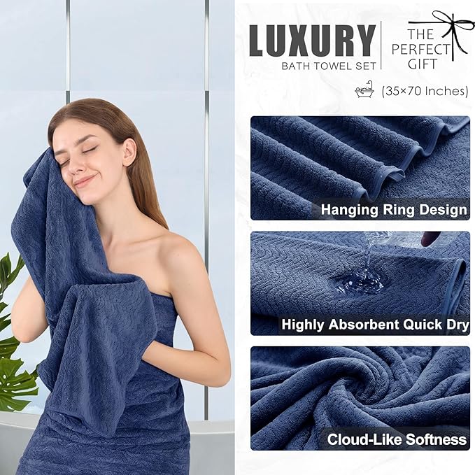 4 Piece Extra Large Bath Towel 35"x70" Oversized Bath Sheet Navy Blue Bath - Image 3