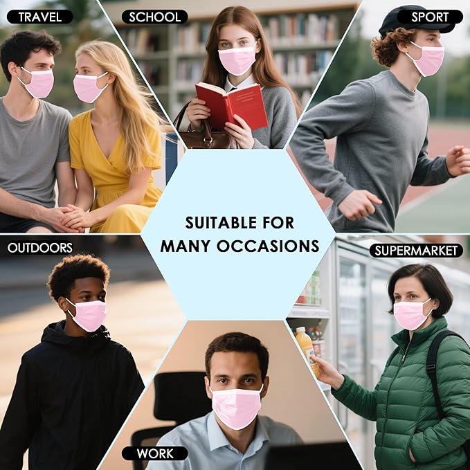 NNPCBT Pink Disposable Face Masks 100 Pack, 3-Ply Breathable Mask - Image 5