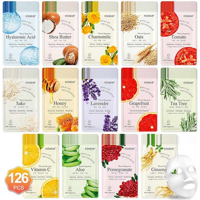 KONEUK 126 Pack Sheet Face Masks Skincare, Bulk Facial Mask Gifts Set by KONEUK