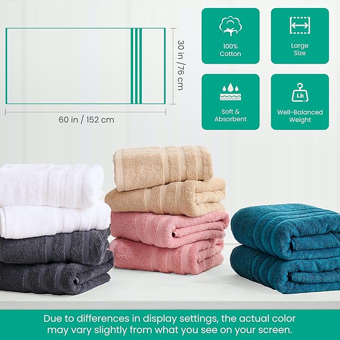 Bath Towels 4 Pack, Large 30 x 60 Inches, 100% Cotton Towels, Comfortable - Image 8