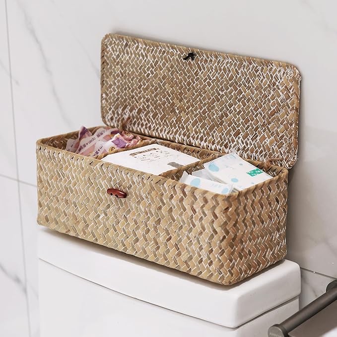 Seagrass Storage Basket with Lid Rectangular Small Woven Shelf Baskets with - Image 8