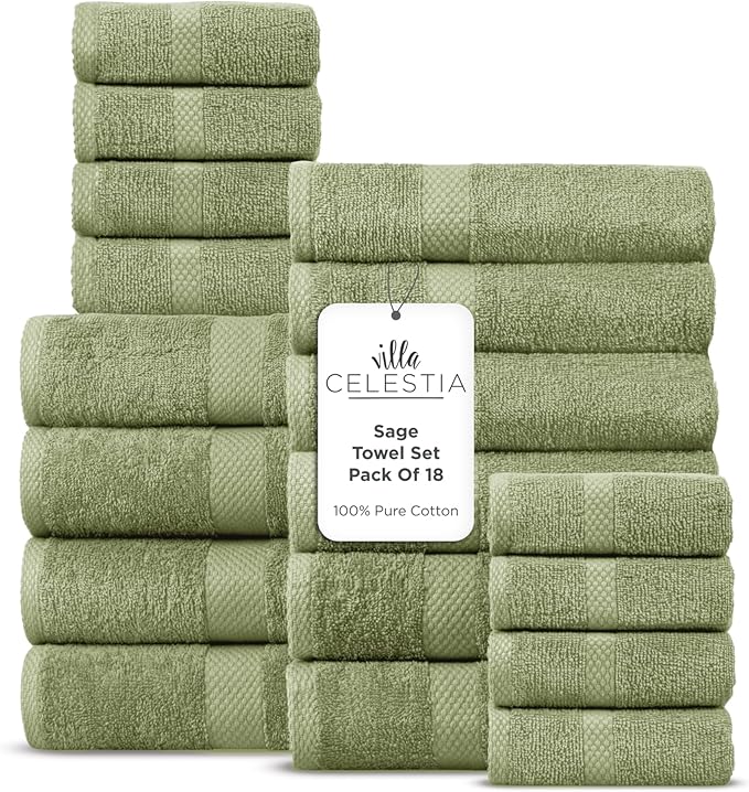 100% Cotton Bath Towel Set of 18-4 Bath Towels, 6 Hand Towels, 8 Wash Cloths by VillaCelestia