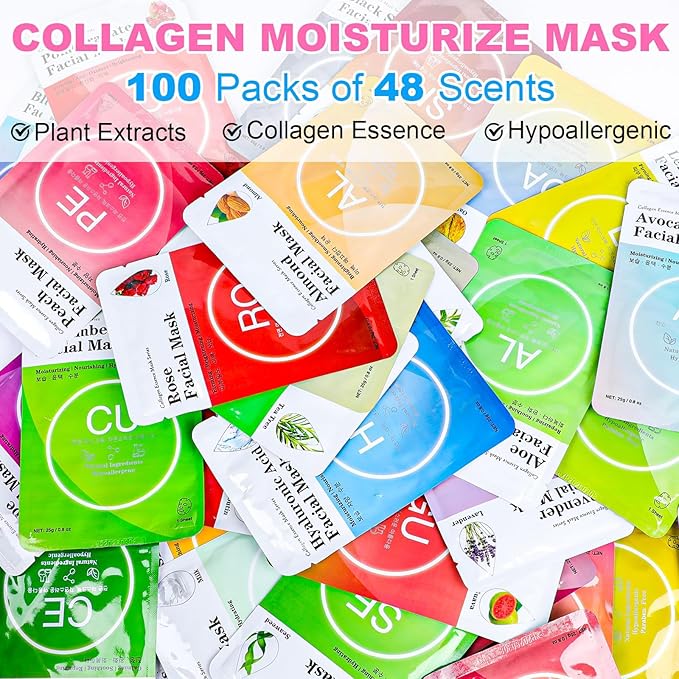 VESPRO 100 Pack Collagen Essence Sheet Facial Masks, Bulk Face Masks Skincare - Image 2