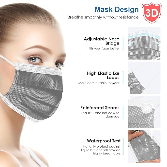 NNPCBT Grey Disposable Face Masks 125 Pack, 3-Ply Breathable Mask - Image 3