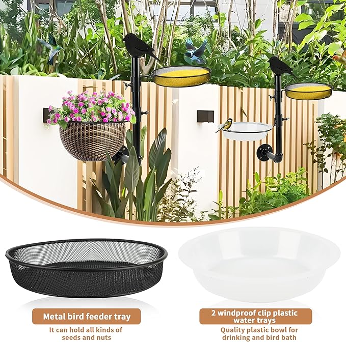 Wall-Mounted Bird Feeder with Metal Seed Tray and 2 Bath Bowls - Image 4