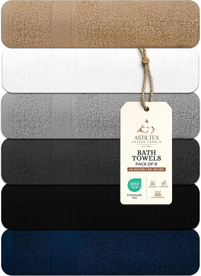 Large Bath Towels Pack of 6 – 24" x 50", 100% Cotton Terry – Soft, Quick-Dry & by ASTILTEXCottonTowels