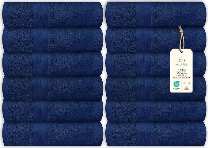 Large Bath Towels Bulk Set of 12 – 100% Cotton Terry – 24" x 50" – Quick Dry by ASTILTEXCottonTowels