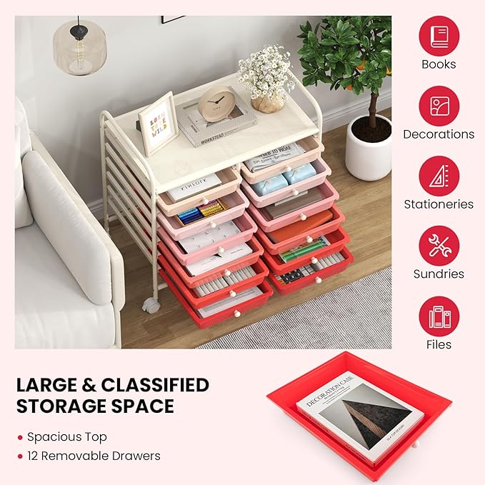 Giantex 12 Drawers Rolling Cart, Mobile Storage Drawer Cart, Classroom - Image 7
