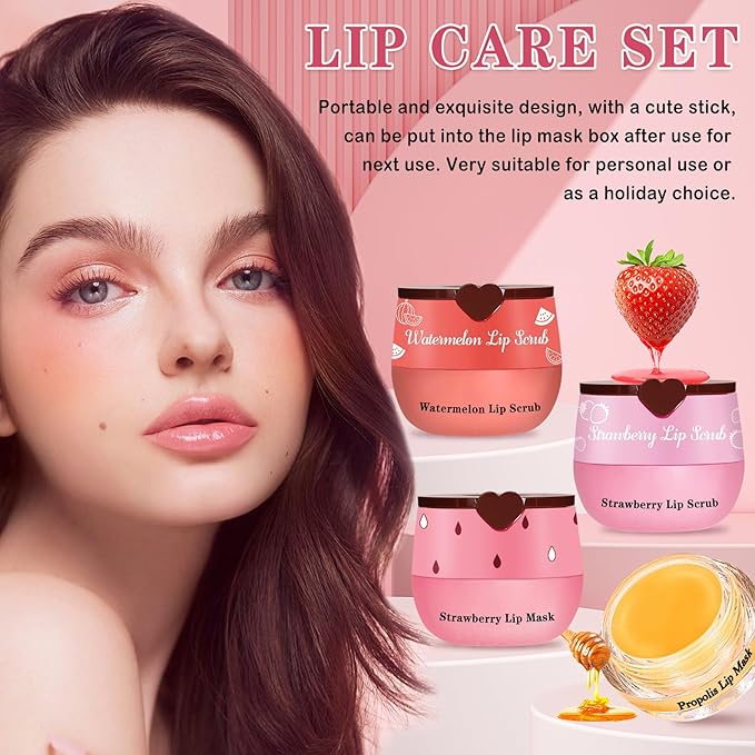 4PCS Lip Scrub and Mask Set, Strawberry and Honey Pot Lip Balm, Repair Bee Lip - Image 7