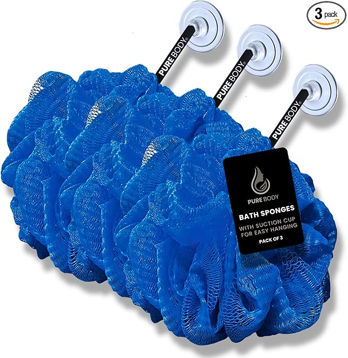 Large Blue Bath Sponge Pack of 3 – Gentle Exfoliation Loofahs by PureBody