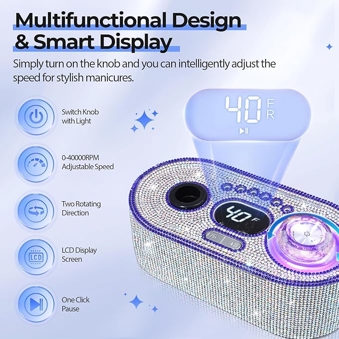 JOSGLOI Electric Nail Drill Professional: Shiny 40000RPM Electric Nail File Kit - Image 4