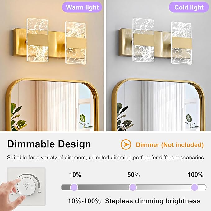 Modern LED Bathroom Light Fixtures Dimmable 2-Light Gold Vanity Light, 5CCT - Image 4