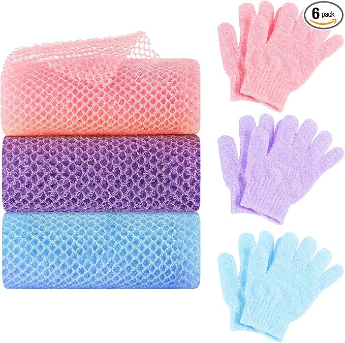 6 Pack African Net Sponge Exfoliating Glove Set, 3 Bath Sponge Body Scrubber by WSICSE