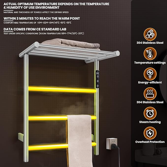 Towel Warmer Wall Mounted with 3 Electric Stainless Steel Heated Bars, Hot - Image 2