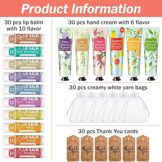AZEN 30 Sets Bulk Gifts, Hand Cream and Lip Balm Bulk Set - Image 2
