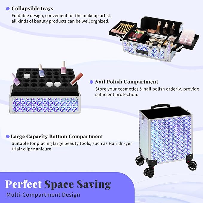 3 in 1 Rolling Makeup Train Case Professional Large Cosmetic Trolley - Image 6