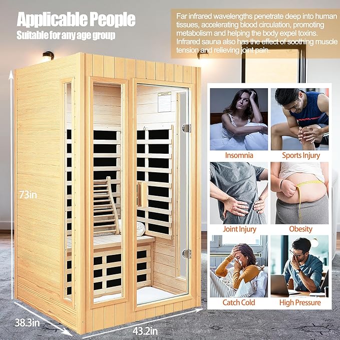 2 Person Sauna, Low EMF Far Infrared Sauna, 1500W Hemlock Wood Sauna Indoor - Image 5