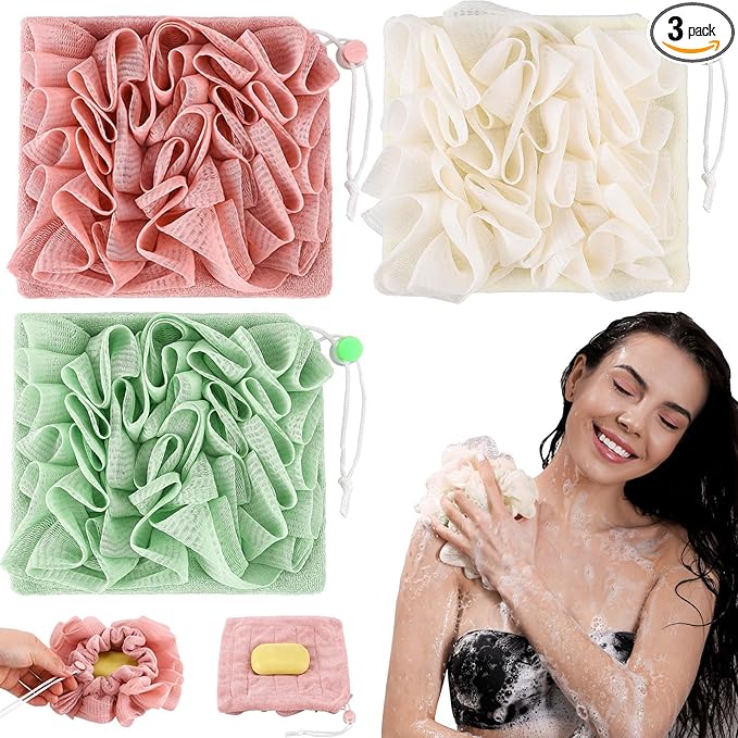 3 Pcs Washcloth Loofah Combo, 2 in 1 Bath Loofah Sponge by Swiffen