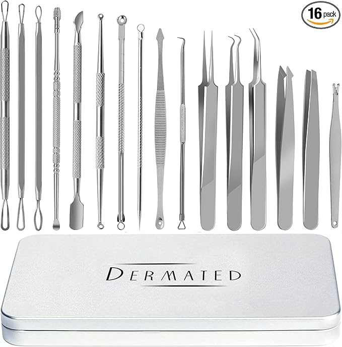 16 Pcs Blackhead Remover Tools 410 Grade Stainless Steel | Pimple Popper Tool by Dermated