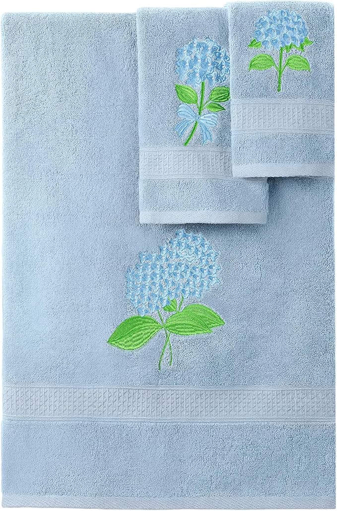 3 Pcs Hydrangea Floral Bathroom Towel Set Farmhouse Embroidered Hydrangea by Unknown