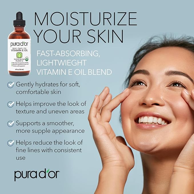 PURA D'OR 4 Oz Organic Vitamin E Oil 70, 000 IU, USDA Certified Face, Hair & - Image 2