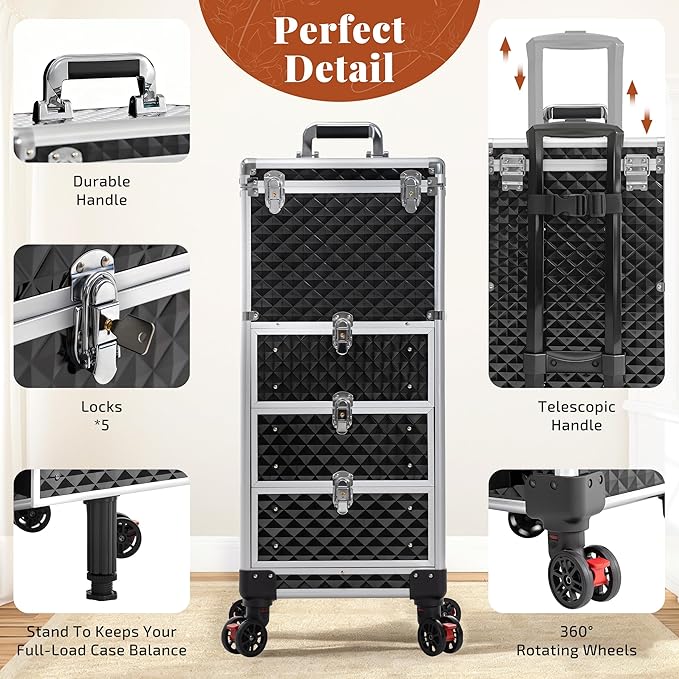 Rolling Makeup Train Case with 3 Drawers, Nail Trolley Cart Salon Station - Image 7