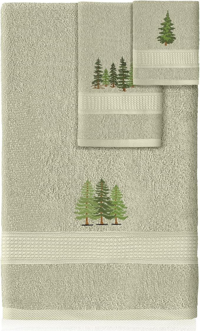 3 Pcs Rustic Pine Trees Bathroom Towel Set Farmhouse Embroidered Pine Trees by Unknown