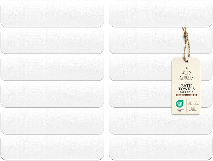 Medium Bath Towels Bulk Set of 12 – 100% Cotton Terry – 24" x 48" – Quick Dry by ASTILTEXCottonTowels