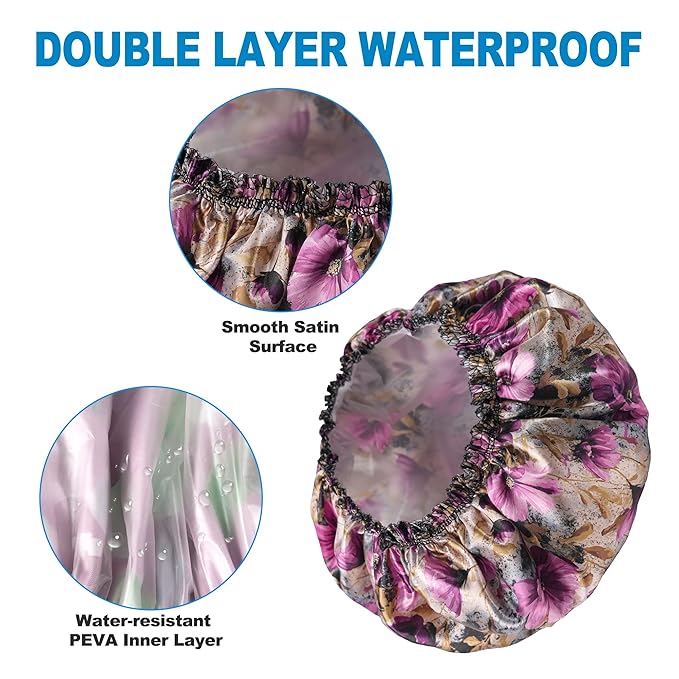 Shower Cap for Women Set of 4, Bath Caps, Double Layers Hair Caps + 4 Satin - Image 5