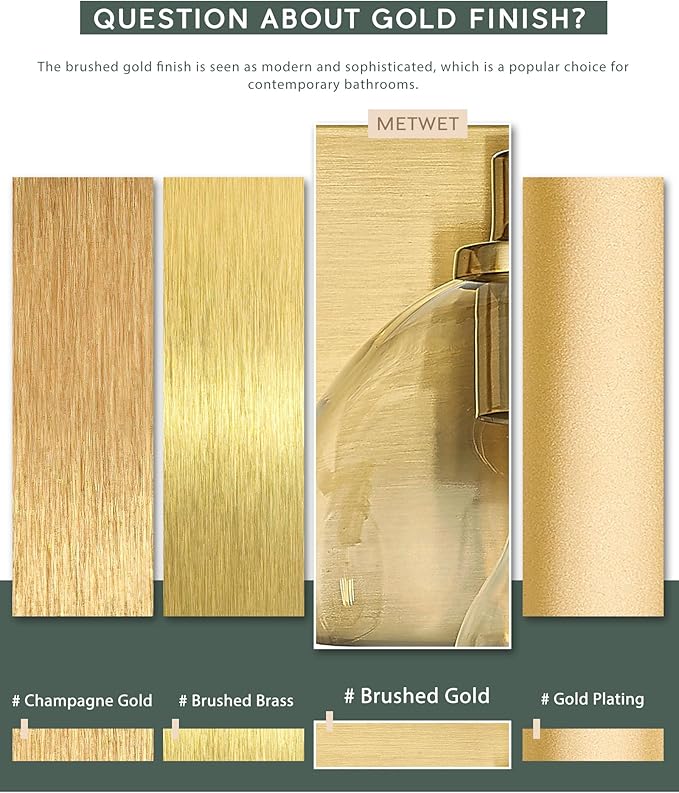 Bathroom Light Fixtures, 2 Light Brushed Gold Vanity Light, Modern Wall Sconces - Image 2