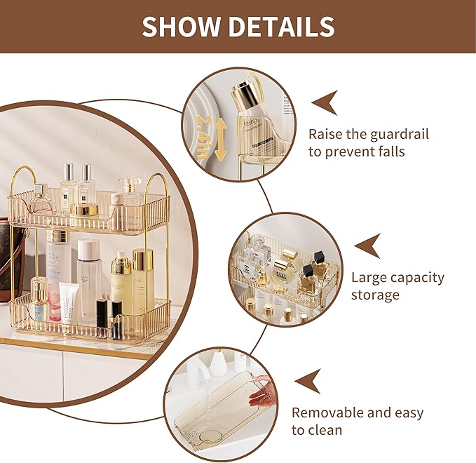 Akinbas 2 Tier Bathroom Organizer Countertop Makeup Perfume Tray Skincare - Image 3