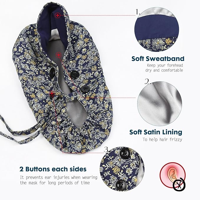 Satin Lined Scrub Caps with Buttons & Sweathand, Surgical Caps - Image 2