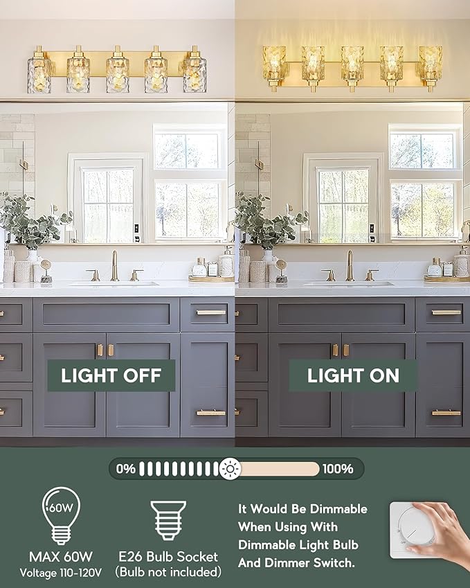 5-Light Bathroom Light Fixtures, 30 Inch Brushed Gold Vanity Lights - Image 6